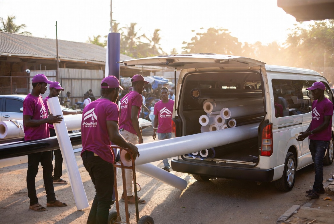 Équipe Africa Print Supplies chargeant des matériaux